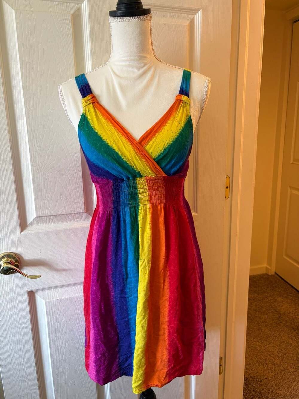 Romchard Rainbow Striped Crinkle Fabric V-Neck Sundress - Picture 1 of 14